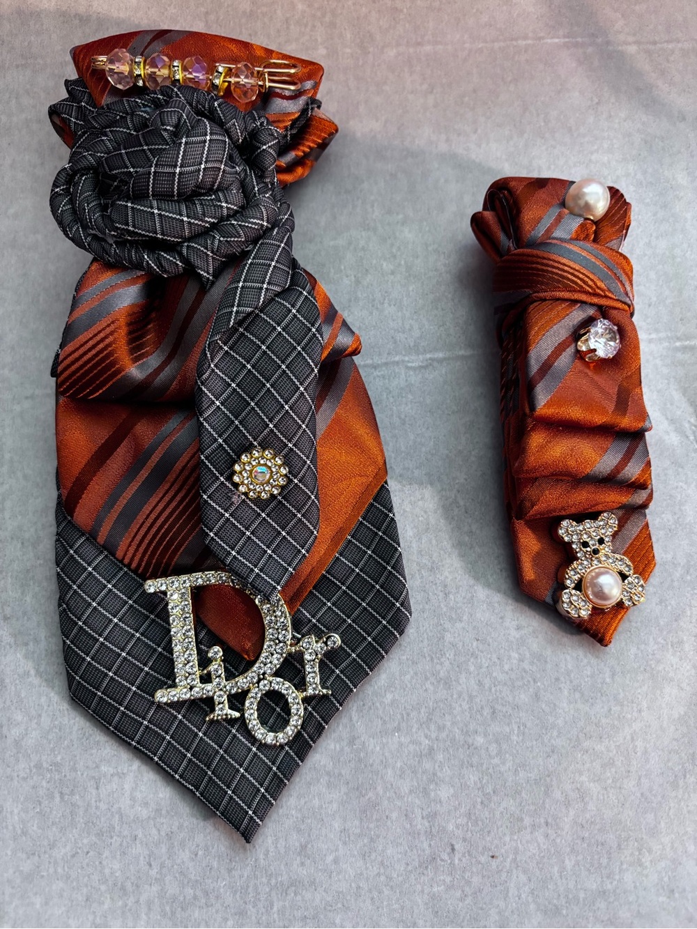 Women Upcycle Orange & Gray Striped Silk Tie Set with Jeweled Accents